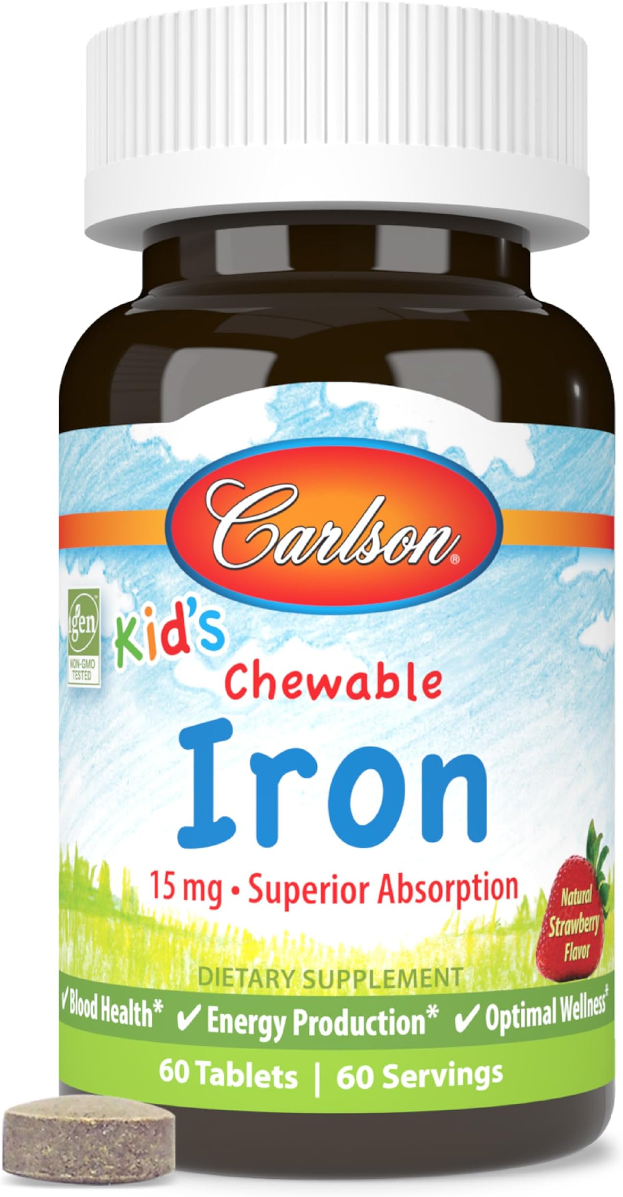 Carlson - Kid's Chewable Iron, 15 mg, Superior Absorption, Blood Health, Energy Production & Optimal Wellness, Natural Strawberry Flavor, 60 Tablets