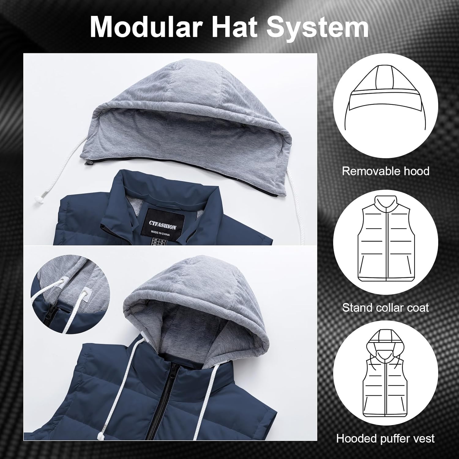 Men's Outdoor Winter Vest Outerwear Removable Hooded Padded Puffer Sleeveless Vest - Image 7