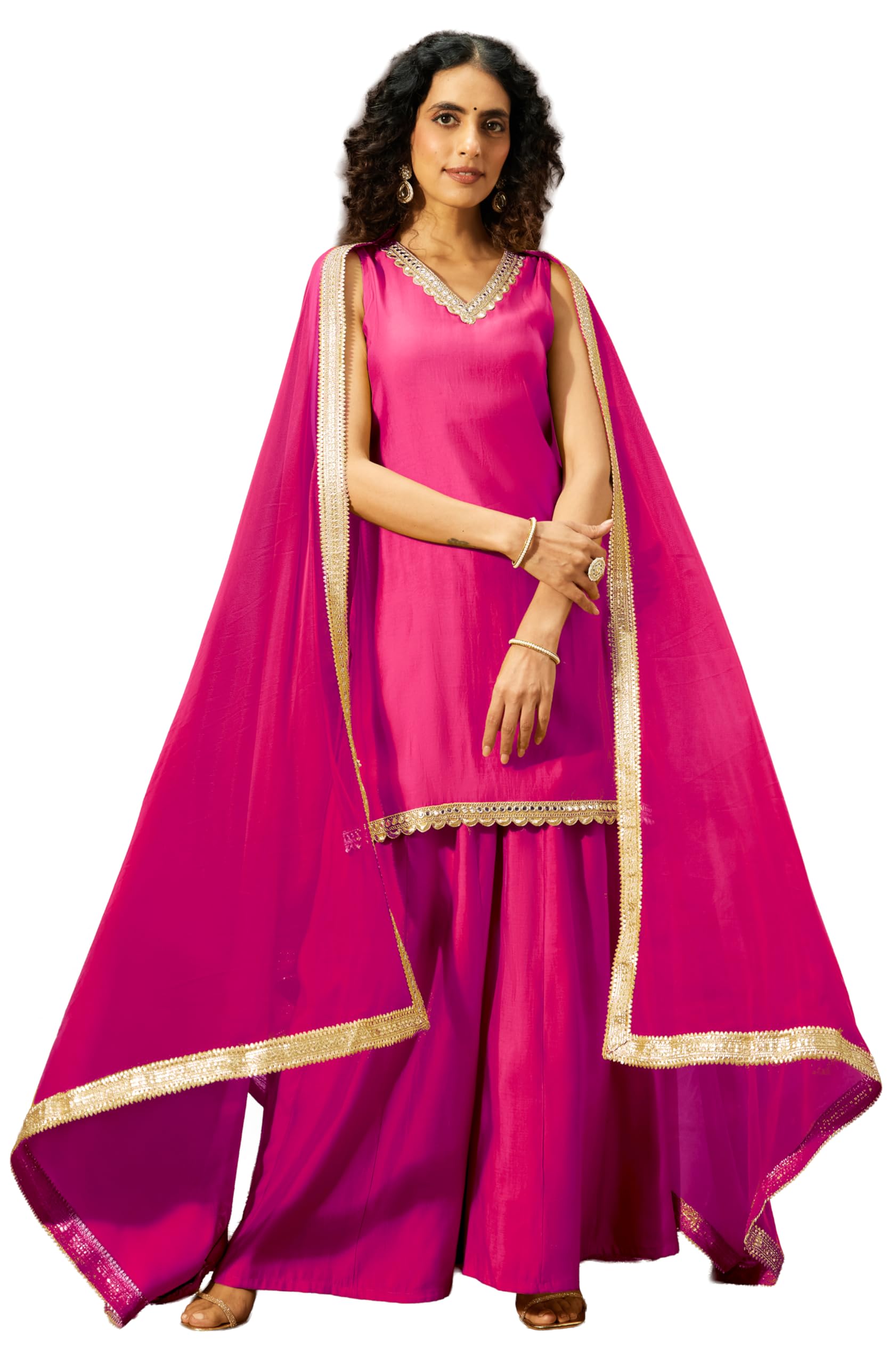 janasya Women's Pink Chanderi Silk Embellished Straight Kurta with Sharara & Dupatta Set-picture-40