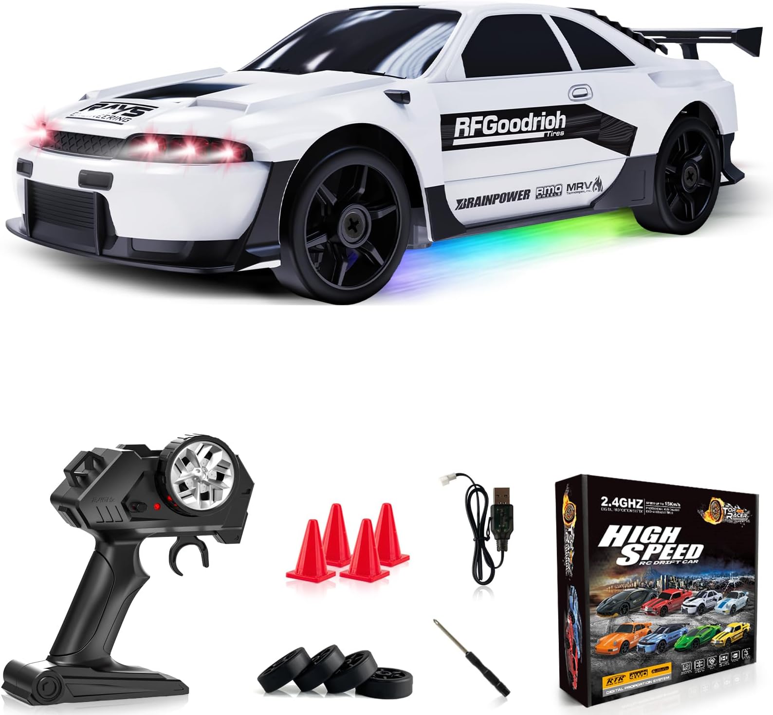 RC Drift Car 1:24 Remote Control Car 4WD 15KM/H High Speed Racing Sport Car with LED Lights RC Cars Toy for Kids Boys Girls Adults Gifts Birthday Christmas