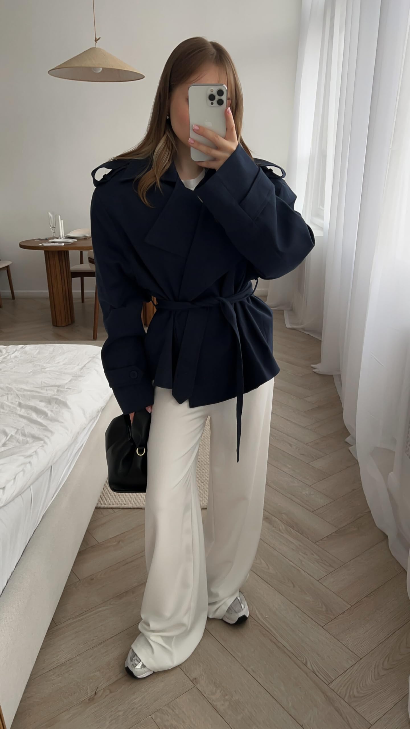 Photo 1 of Short Belted Jacket, Pure Color Long Sleeve for Commute Casual Style (Large,Blue)