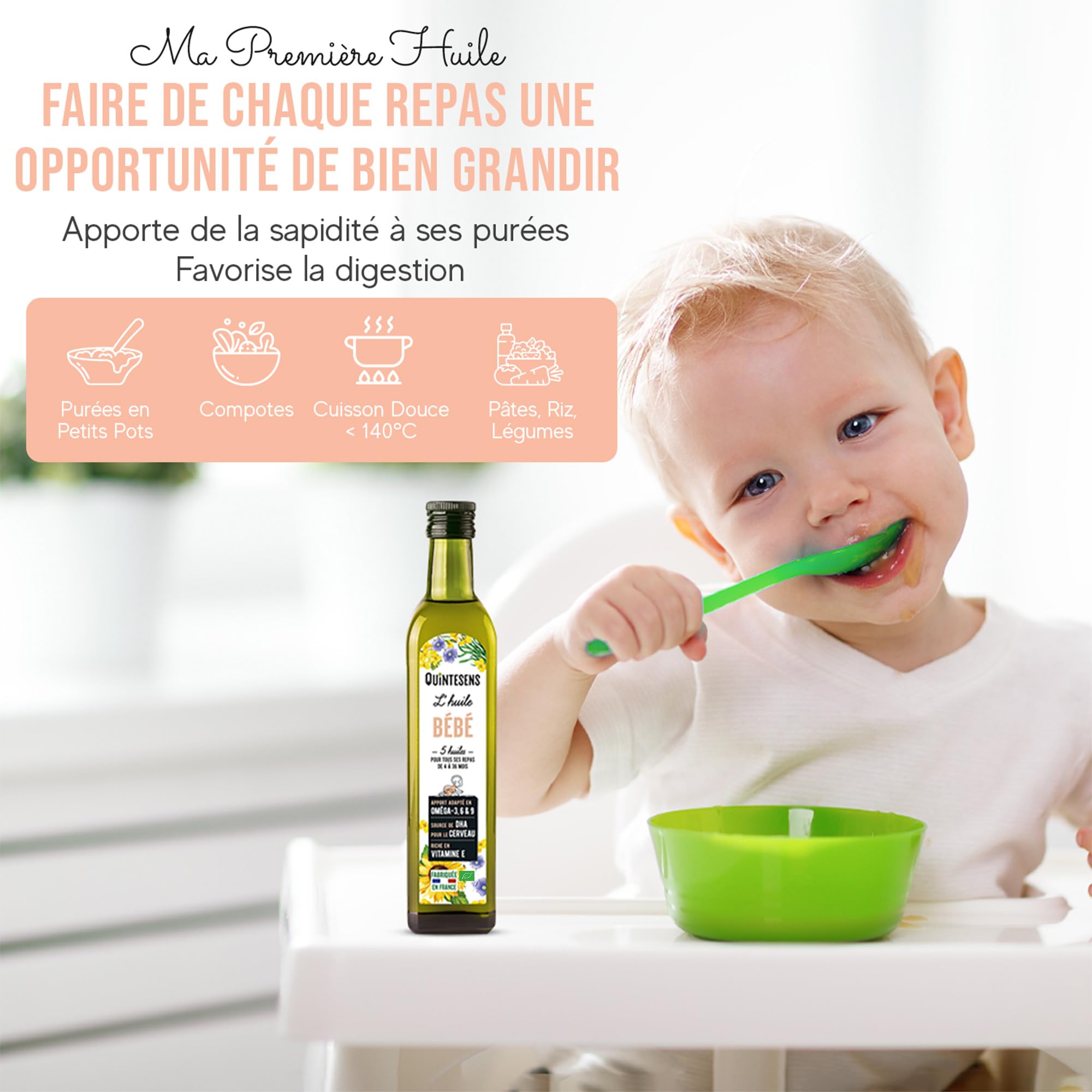 Lot 3 Huiles Bébé QUINTESENS 250 ml - Développement cérébral et Protection cellulaire - Apports en DHA, Oméga 3, 6 & 9 et Vitamine E - Production 100% Française - 4-36 Mois