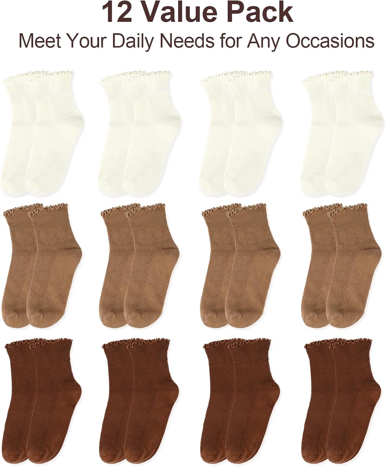 12 Pairs Cotton Quarter Socks for Women, Lightweight Non-Binding Mini Crew Sock, Cute Ruffle Ankle Sock for Uniform - Image 6