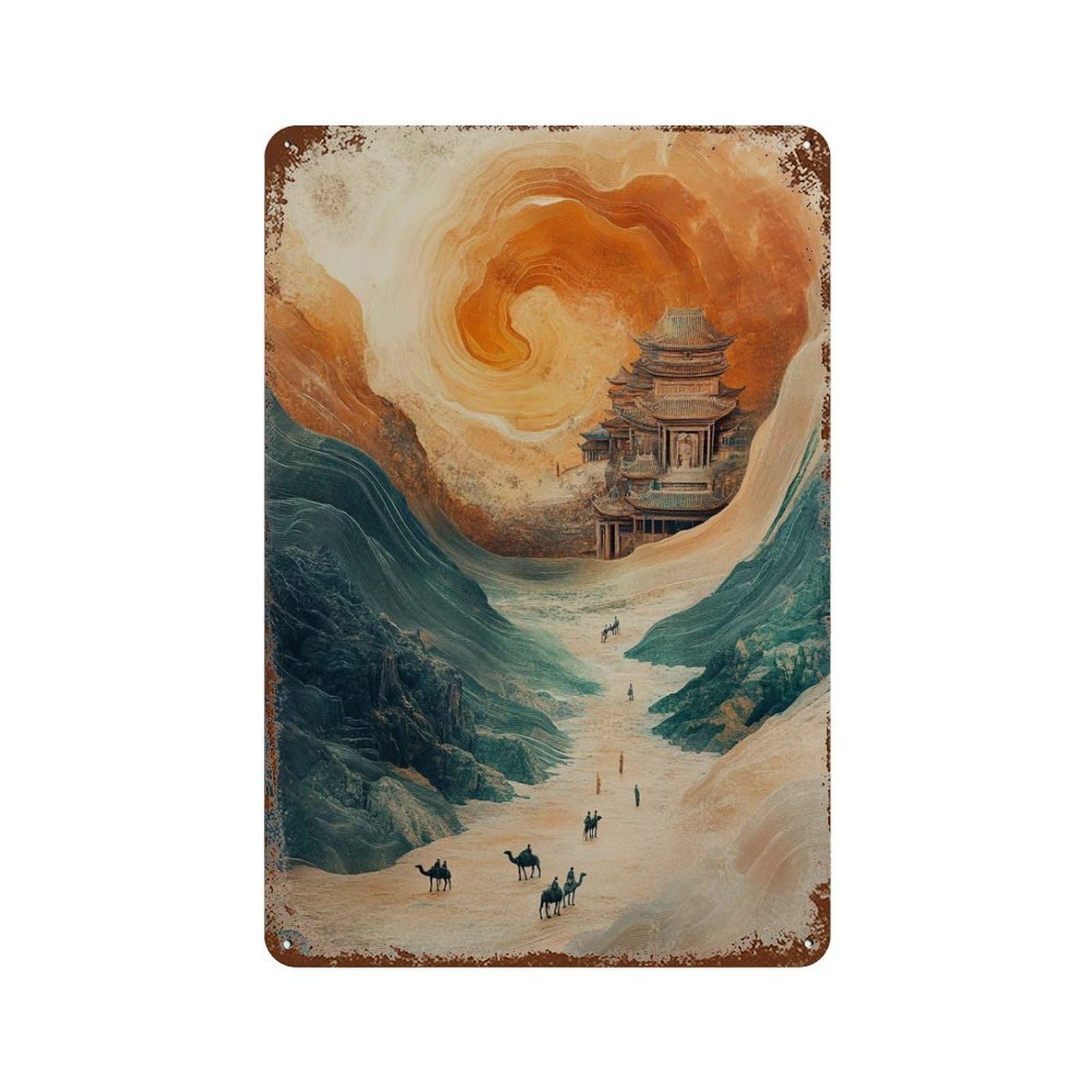 xiaoxiaoshen Ancient Road Desert Asian Temple Landscape Caravan Journey Wall Decor Art Metal Tin Poster Modern Home Decor Art Home Bar Shop Decorations Vintage Sign 30x20cm