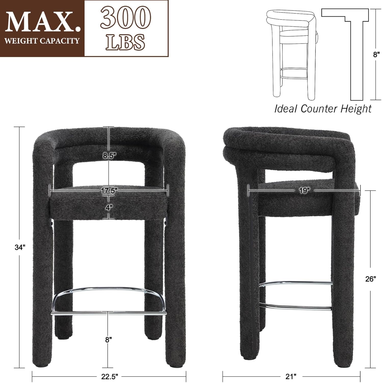 Hyfirm 26" Counter Height Bar Stools Set of 2, Sherpa Fabric Upholstered Barstools with Back and Armrest, Modern Barrel Counter Stools for Kitchen Island, Black