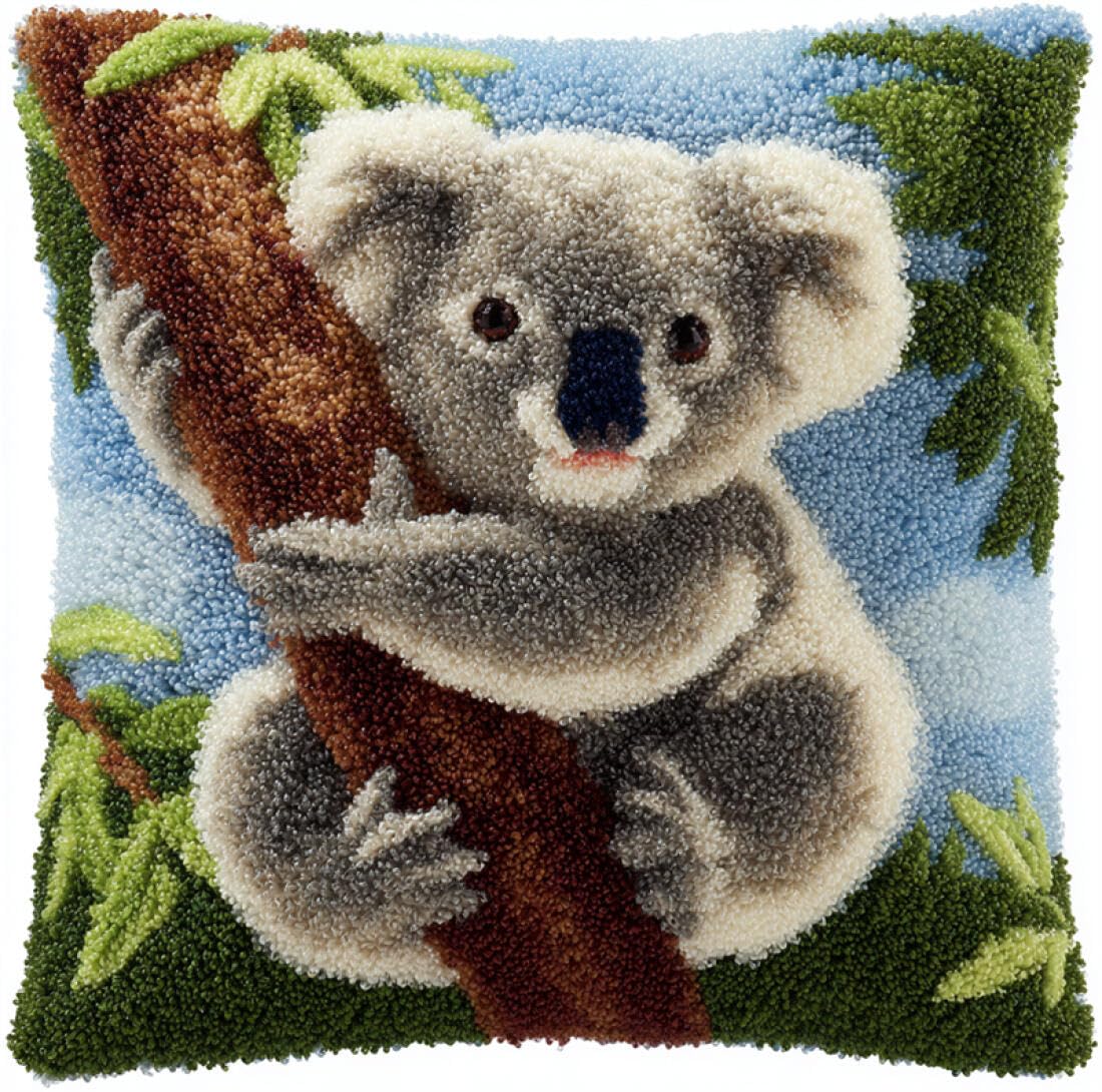 Kitquiver Animal Cushion Making Kit Koalas in The Tree DIY Latch Hook Kits Pillow Needlepoint Cushion Kit for Home Décor Needlework Set for Adult Beginners 17x17In