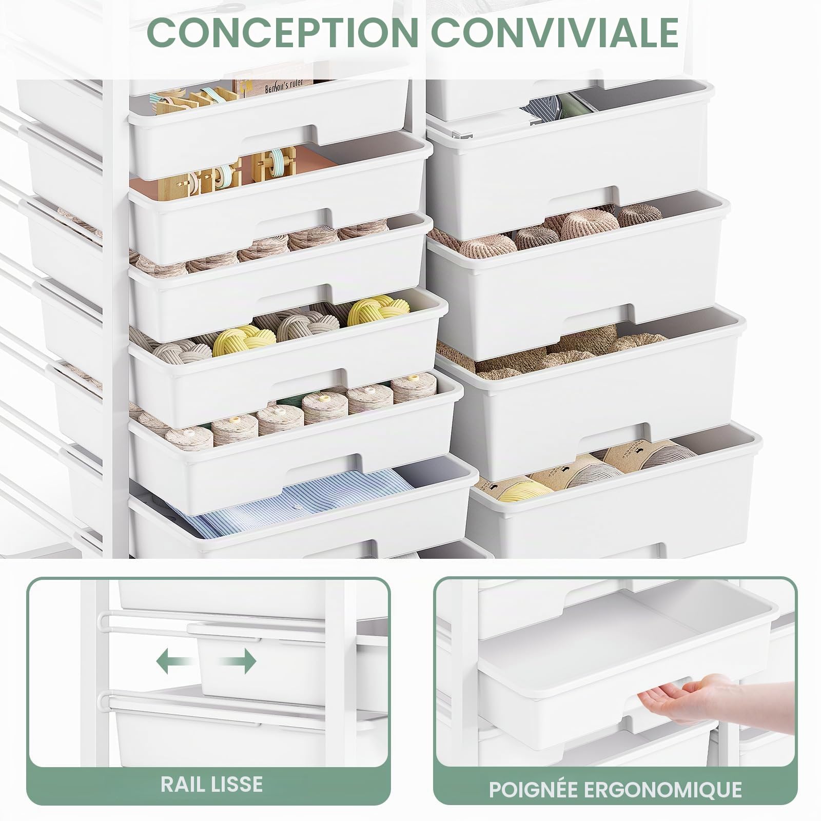 Chariot de rangement à 14 tiroirs avec plateau perforé - Chariot à roulettes pour salle de bain - Chariot à tiroirs avec roues et poignées pour atelier, bureau, cuisine - Blanc