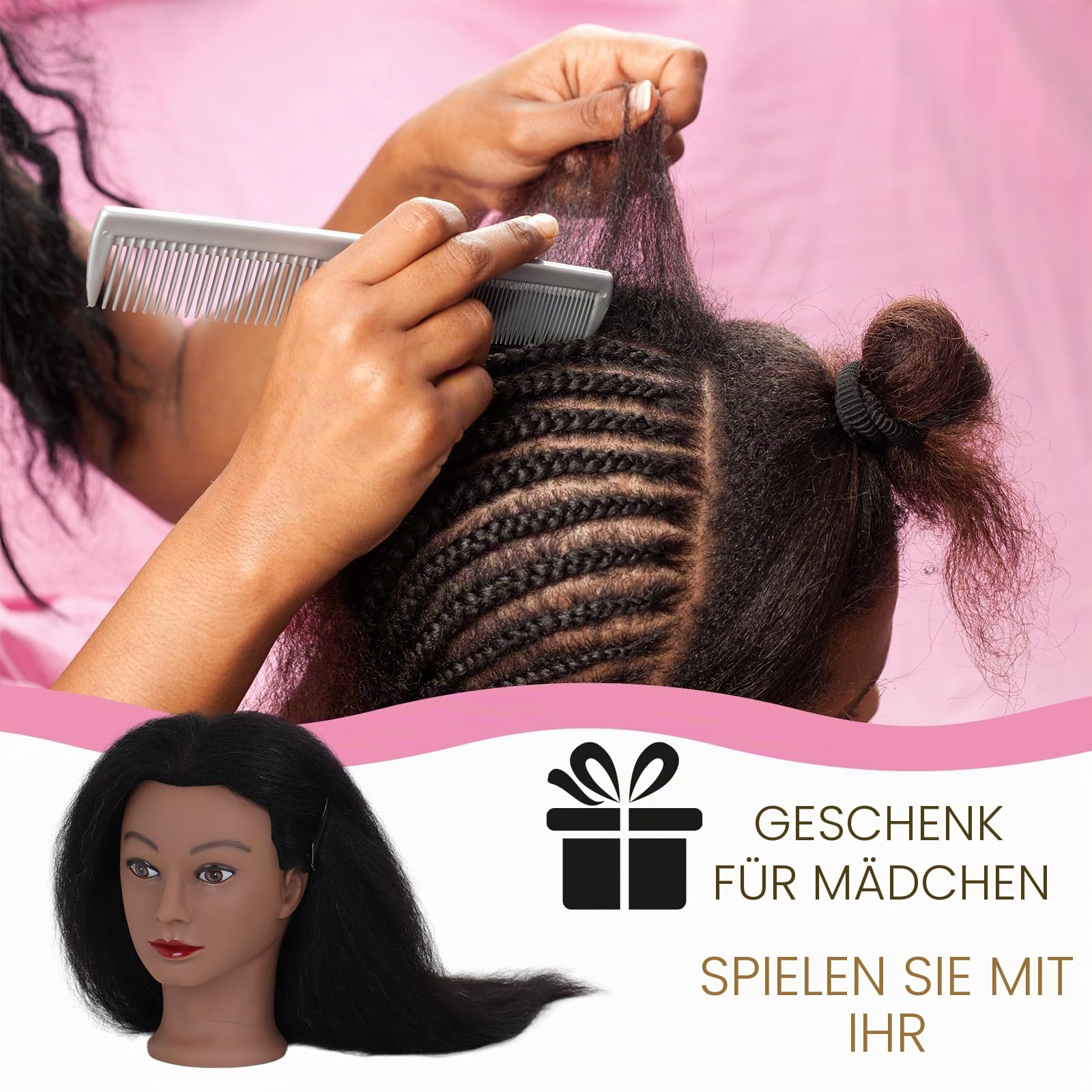 Schwarzer Mannequin-Kopf Afro 100% Echthaar, 45,7 cm, gerades Styling-Kopfmodell für Mädchen zum Üben, Haarstyling-Kopf und Übungsset für Kosmetiktraining und Stylisten