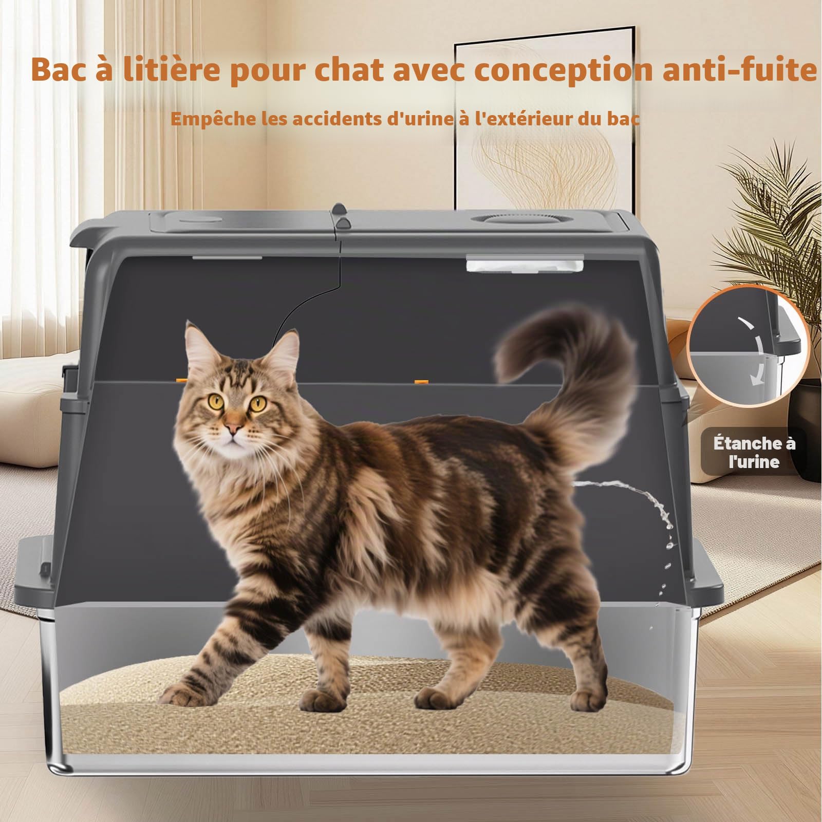 Homegroove Bac à litière pour chat XXXL - En acier inoxydable - Avec couvercle - 70 x 50 x 45 cm - Extra large - Avec pelle et pédale - En métal fermé - Anti-fuite - Gris