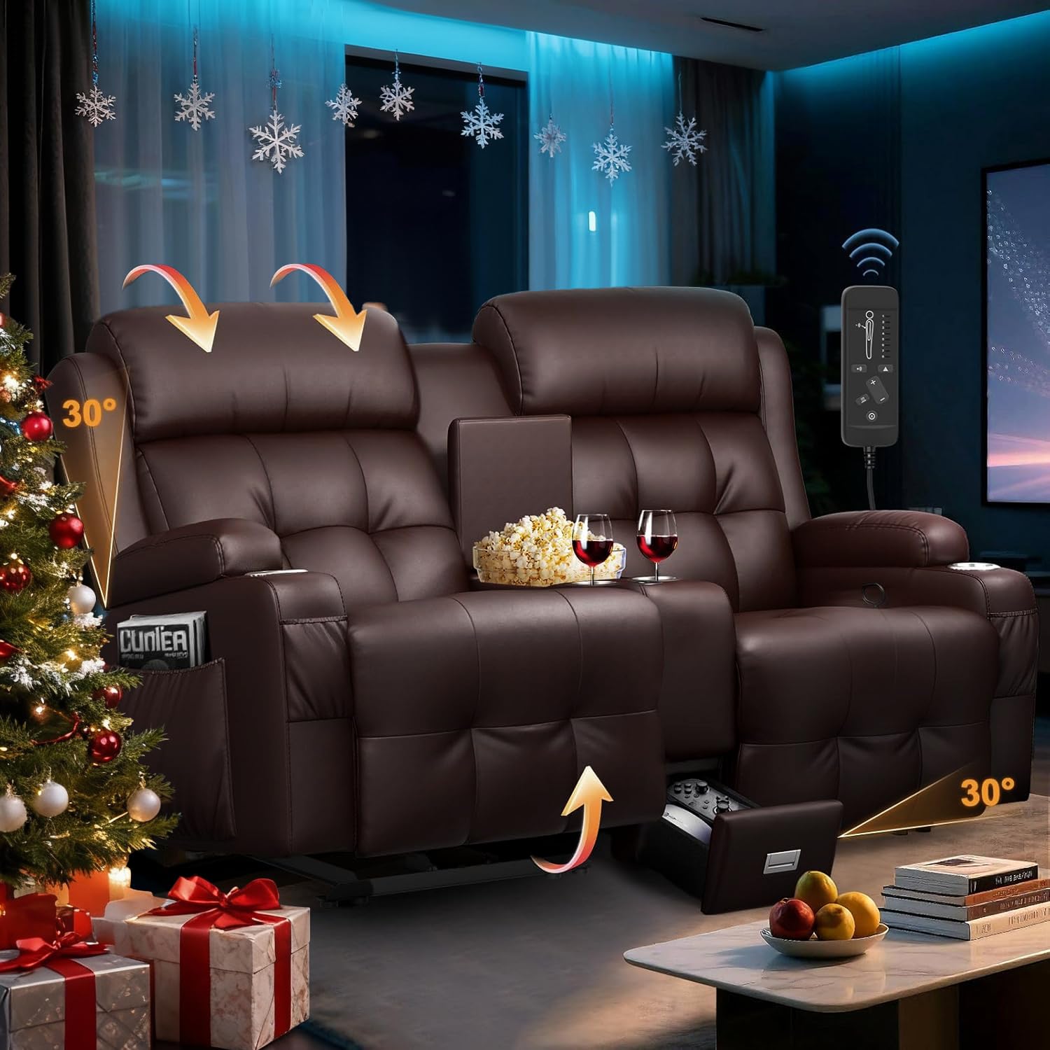 Loveseat Rocker Recliner Sofa, Home Theater Seating with Massage, RV Wall Hugger Reclining Couch with Console, USB Ports, Cup Holders &amp; Drawer, Rocking Recliners for Baby Nursery, RV &amp; Home Theater