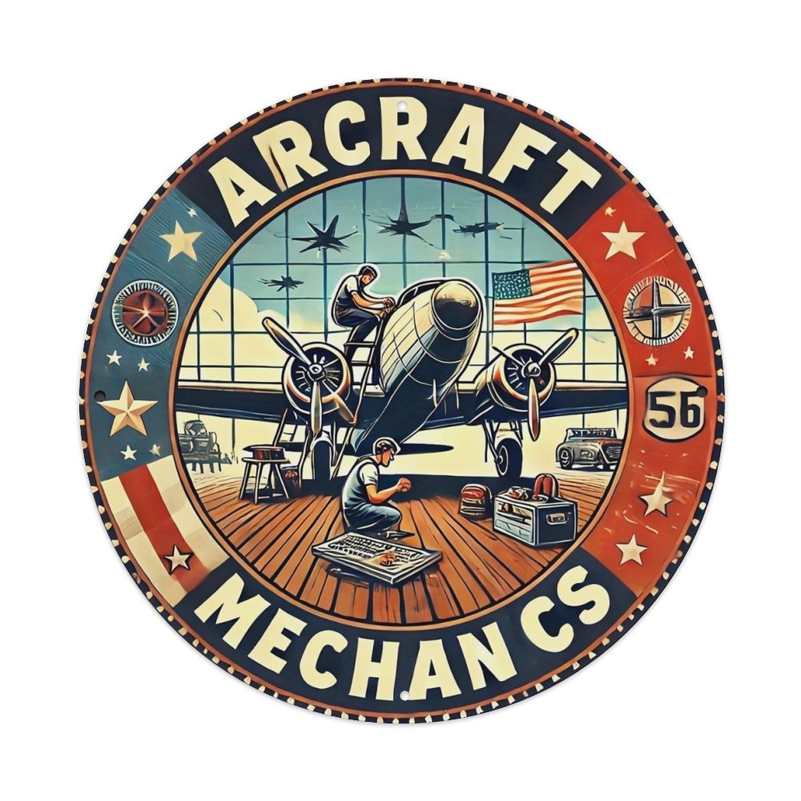 Aircraft Mechanics Vintage Circle Design Vintage Metal Tin Sign Retro Wall Decor for Home Bar Garage Cafe, Indoor & Outdoor Decorative，circle Metal Poster, 8x8 Inch