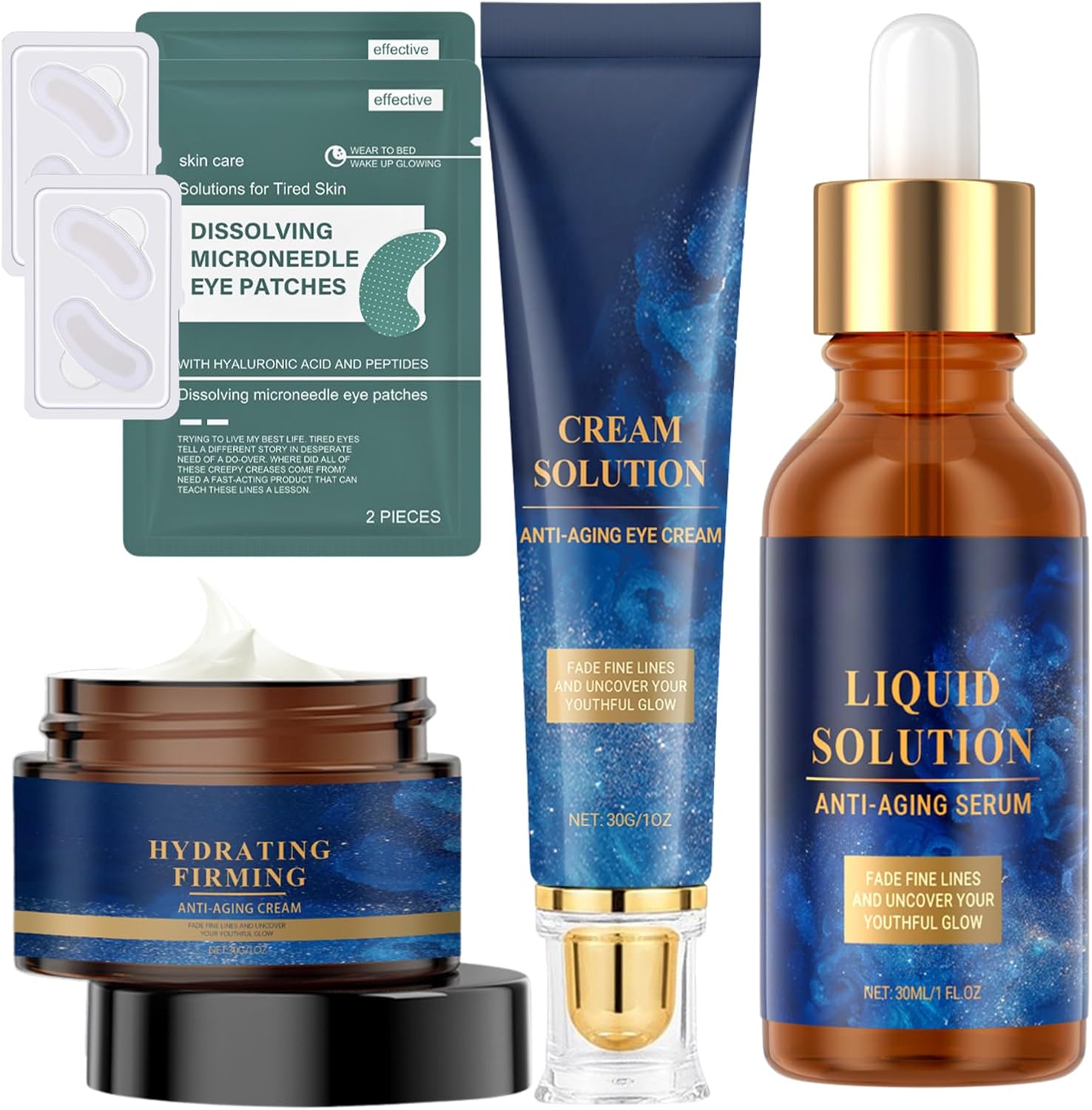 5PCS Olavitas Liquid Solution Skincare Set, Liquid Wrinkle, Li quid Anti Aging Serum, Anti Wrinkle Face Cream, Dissolving Microneedle Eye Patches & Eye Cream, Reduce Fine Lines, Pamper Gifts for Women