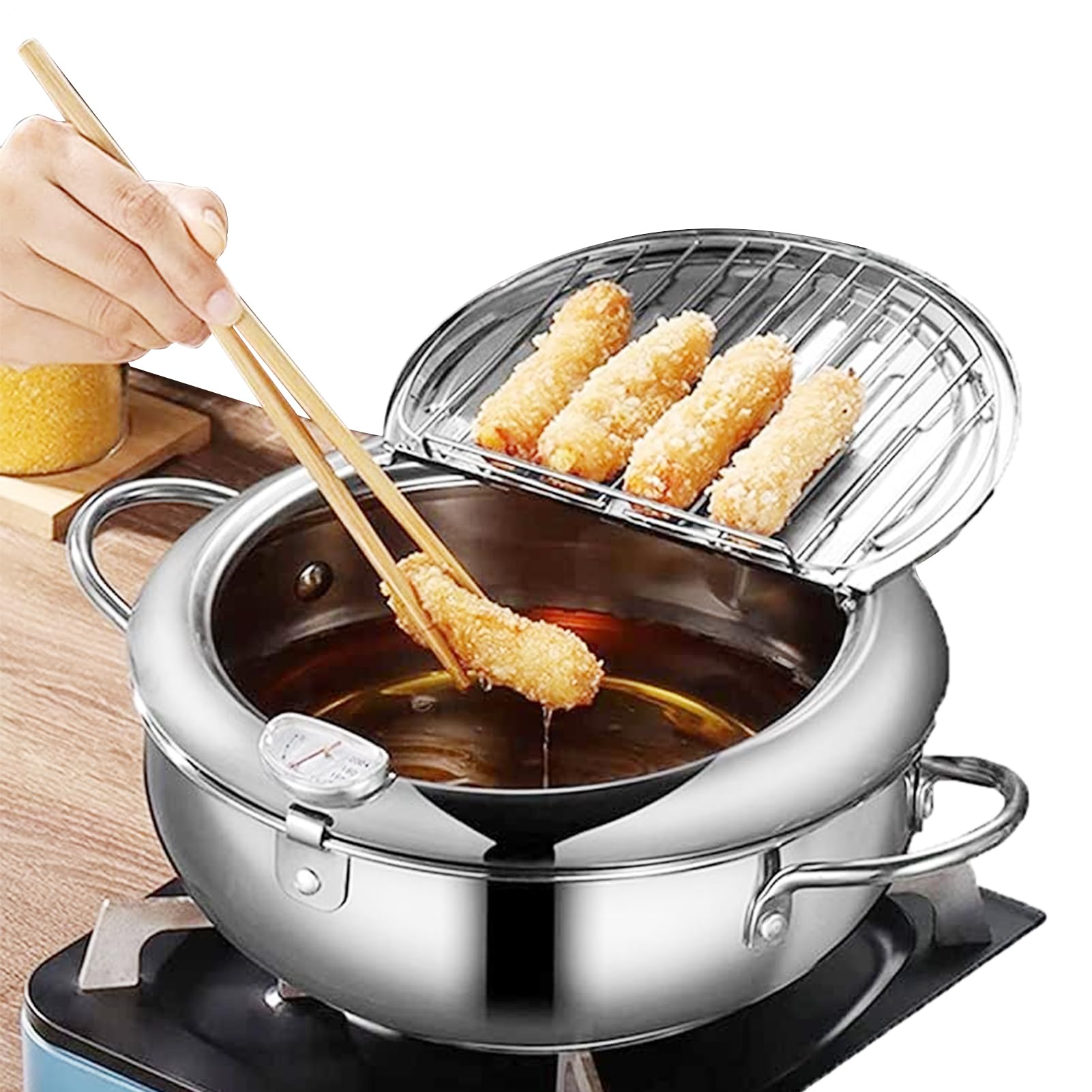 Pentola per friggitrice in acciaio inossidabile, Pentola per friggitrice | con termometri, Friggitrice Tempura in acciaio inossidabile 304 in stile giapponese, facile da pulire e da usare, perfetta pe