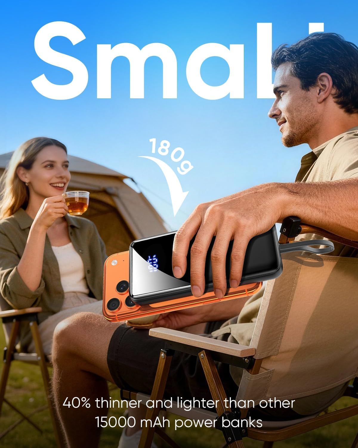 Powerbank - Slim 15000mAh, capacidad 50% más grande, batería USB-C 22,5W, carga rápida con cable integrado, cargador de viaje para iPhone, Samsung, Google, Android