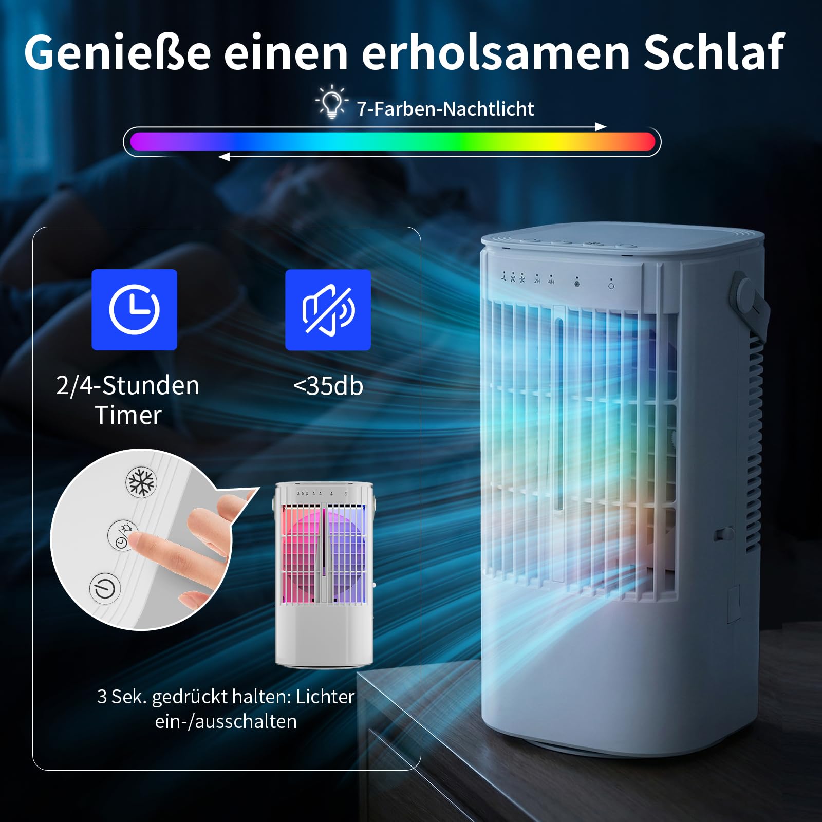 Mobile Klimaanlage, 120° Oszillation klimaanlage mobil, USB 4 in 1 klimaanlage ohne abluftschlauch mit 2/4 H Timer, 3 Geschwindigkeiten & 3 Nebelmodi, 7 Farben Mini Klimaanlage für Hause, Büro