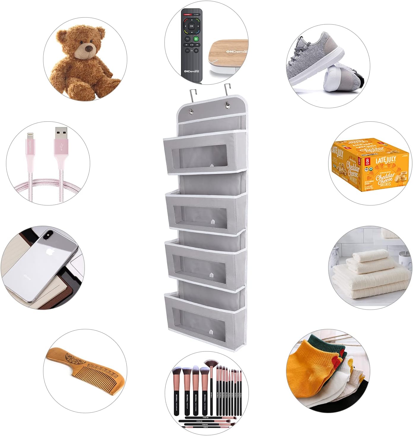 ManGotree Over Door Storage Organizer,4 Pockets Fabric, Hanging Wardrobe Storage, Behind The Door Hanging Organiser with PVC Windows for Toys, Magazine, Purses, Keys, Sunglasses, Hat(Grey)