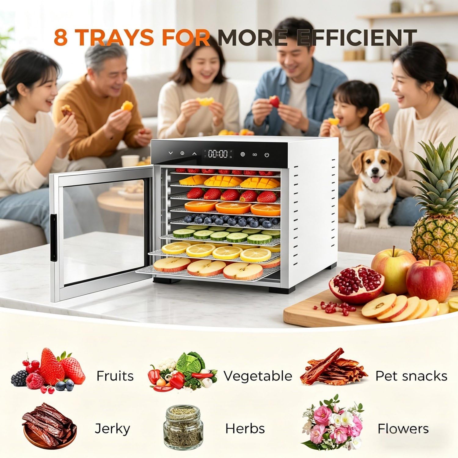 Deshidratador de Alimentos, deshidratador de Carne de Acero Inoxidable, Temporizador Ajustable y Control táctil de Temperatura, para cecina, Frutas, Verduras y champiñones.