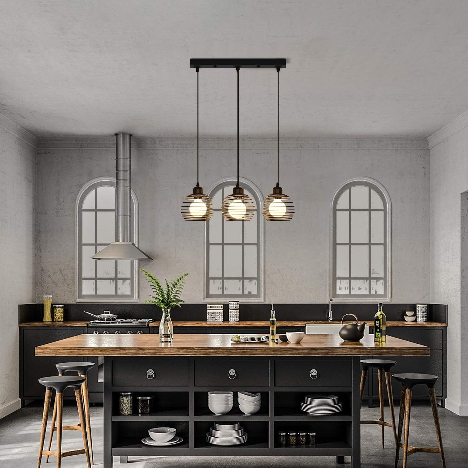 ZMH Lámpara colgante vintage industrial altura ajustable metal negro tres pantallas esféricas E27 25W