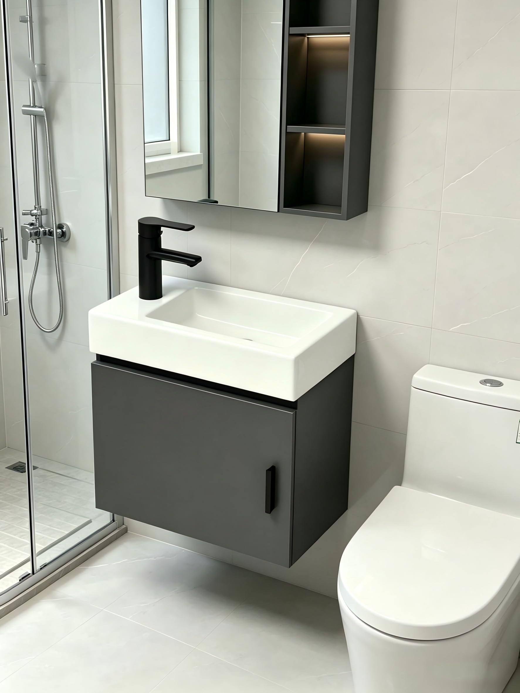 Combo de lavabo de baño de montaje en pared, gabinete de baño flotante de 16.9 pulgadas con lavabo de cerámica integrado, moderno juego de tocador de una sola puerta con grifo negro mate y accesorios