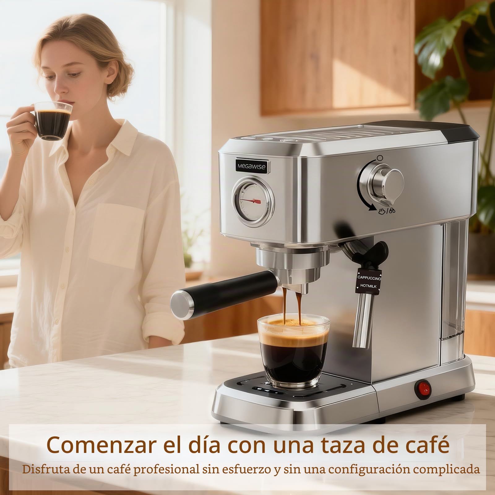MEGAWISE Cafetera espresso de 20 bares, compacta de acero inoxidable con espumador de leche de vapor y depósito de agua extraíble para capuchino, latte, color plateado