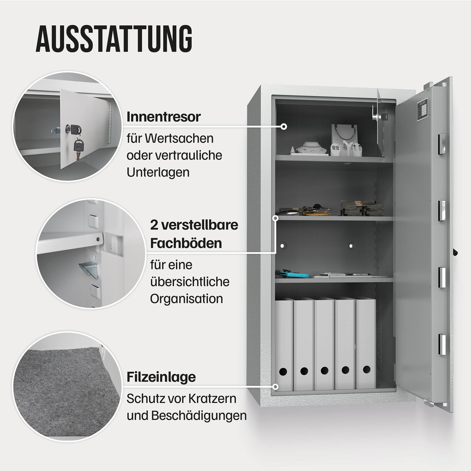Profirst Wertschutzschrank Fortress 110 EN1 Doppelbartschloss 2 Schlüssel Feuerfalz Stahl separat verschließbarer Innentresor 2 verstellbare Fachböden inkl. Befestigungsmaterial
