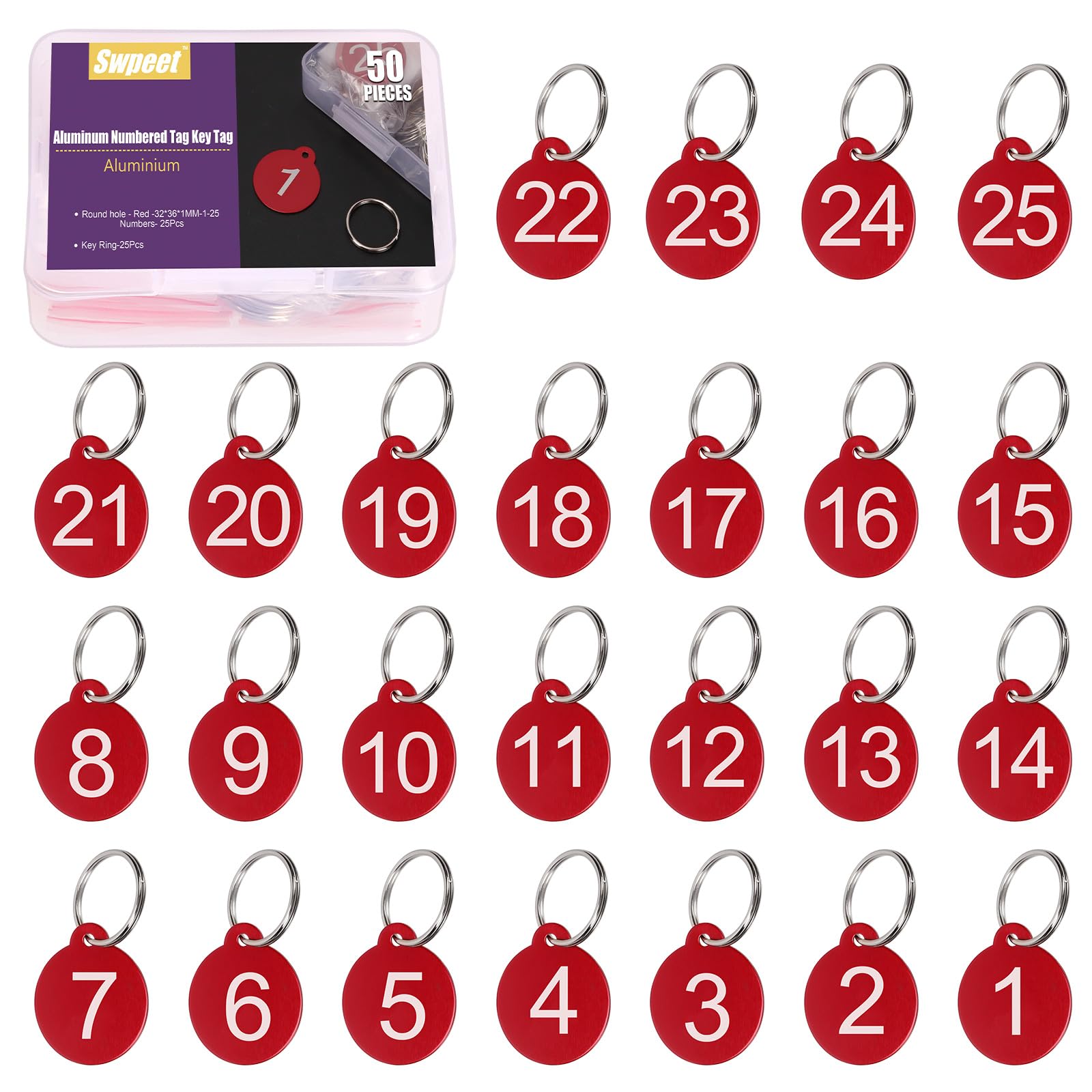 Swpeet 50Pcs 1-25 Number Red Round Aluminum Number Tags with Key Rings Assortment Kit, Metal Keychain Tag with Keyrings Numbered Key Tag ID Tags for Coding, Decoration