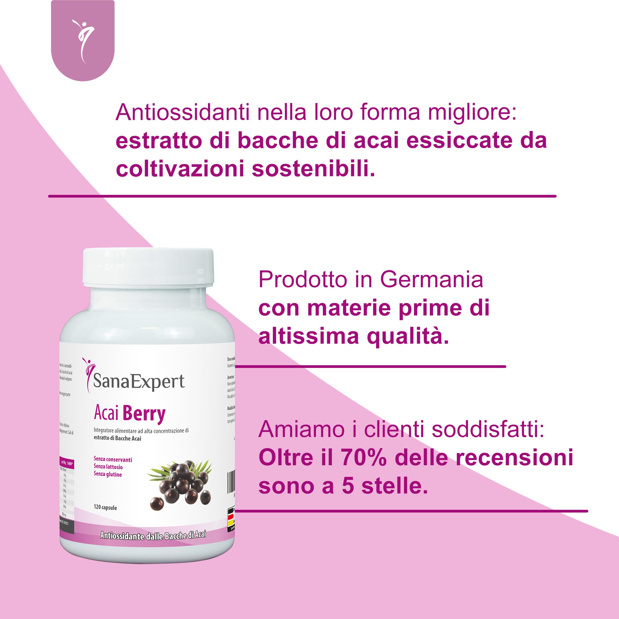 SanaExpert Acai Berry - Integratore Alimentare Naturale con Estratto Puro di Açaí - Ricco di Antiossidanti - Adatto ai Vegani, Senza Glutine, Senza Lattosio - 120 Capsule - Prodotto in Germania