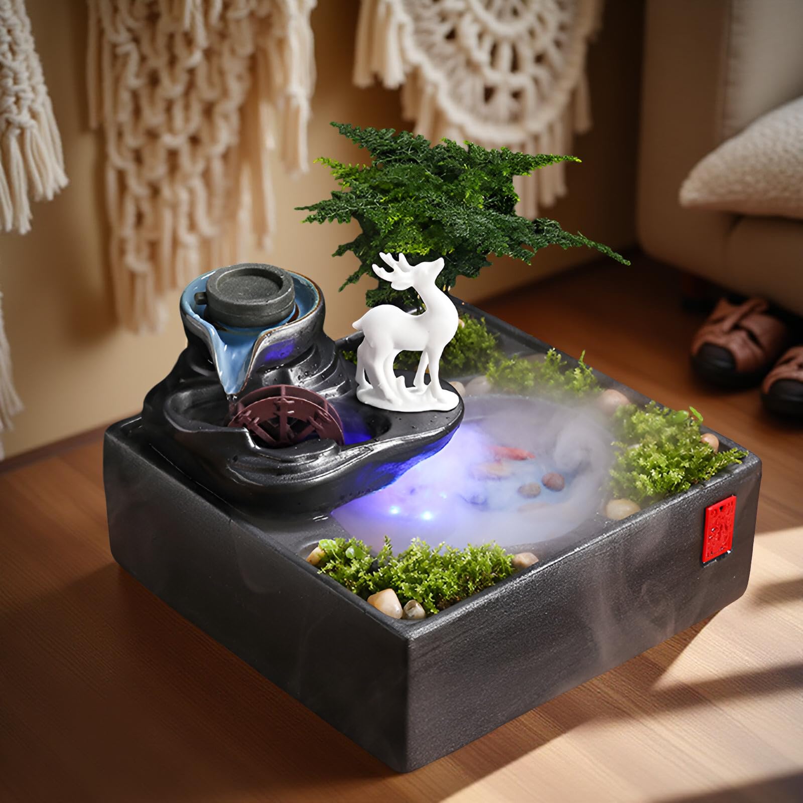 Zen Fontana d'acqua da scrivania con luce LED e nebulizzazione, fontana Feng Shui che scorre per casa, ufficio, meditazione e relax + 10 cristalli naturali gratuiti (stile A + nebulizzazione)