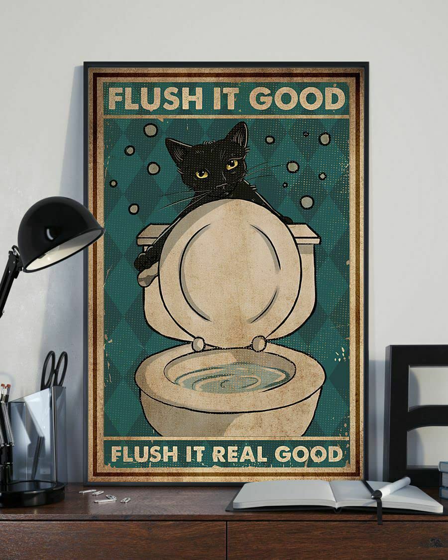 HOUVSSEN Flush It Good Flush It Real Good Black Cat Toilet Poster Vintage Wall Decor For Restaurants, Cafes Pubs Garage Boy's Room Wall Decor Metal Tin Sign 8x12 Inch