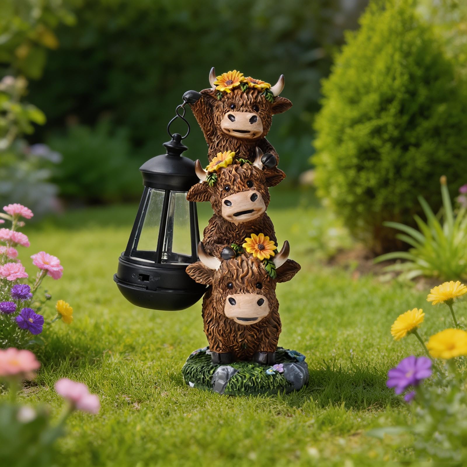 Highland Cow Solar Garden Lantern with Lantern & Welcome Sign Resin Outdoor Highland Cow Ornament Waterproof Solar Garden Decor for Patio Lawn Porch Yard (Brown C)
