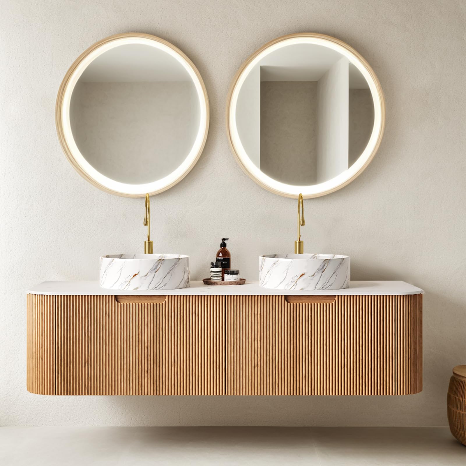 AmbroVania 60 inch Bathroom Vanity with Double Sink, Floating Bathroom Vanities with Ultra-Thin Marble Basin and Countertop, 2 Large Soft-Closing