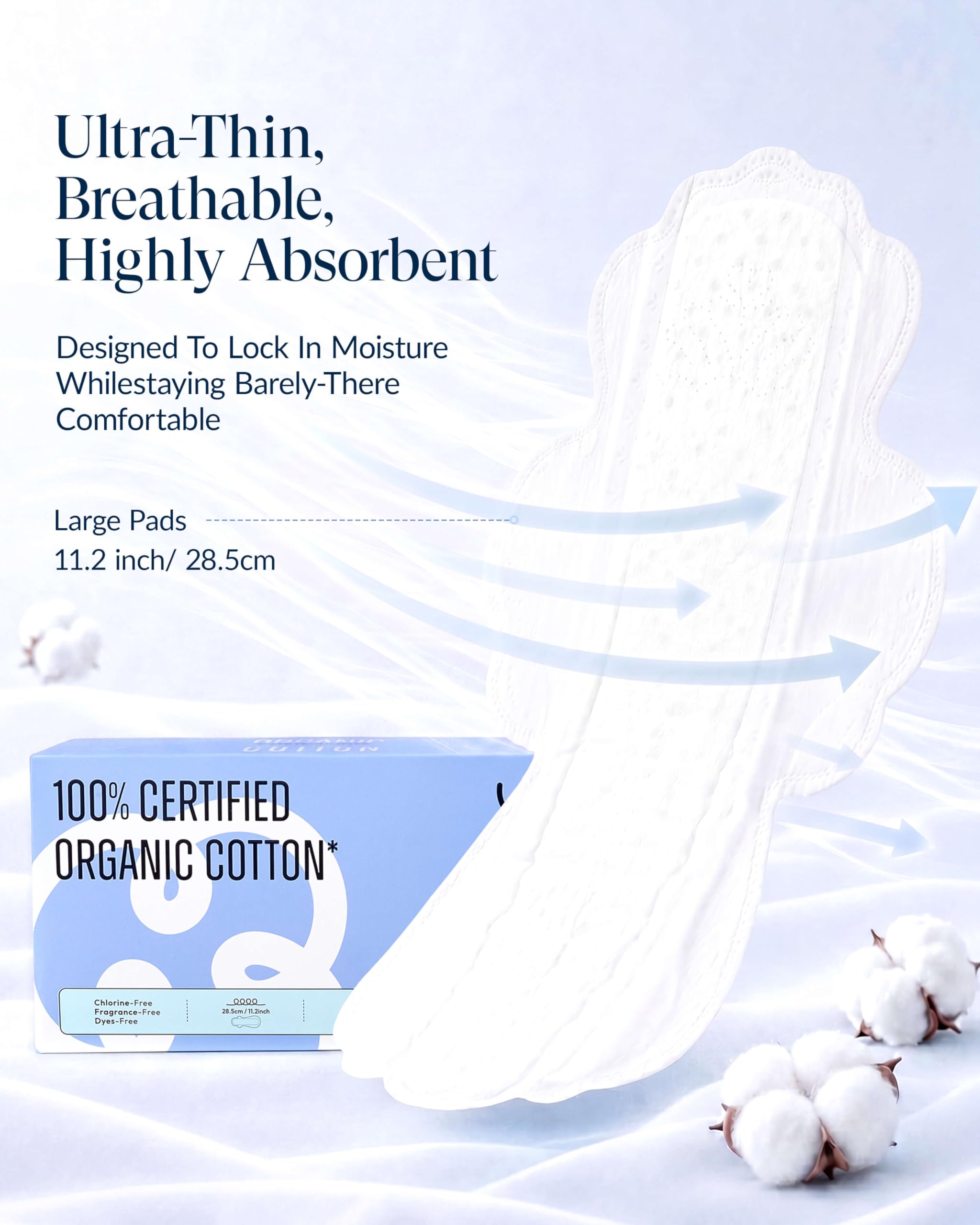 Almohadillas sanitarias 100 % orgánicas grandes para mujer, ultra finas y de flujo pesado con alas, almohadillas de algodón sin perfume para menstruales, almohadillas femeninas de súper absorción,