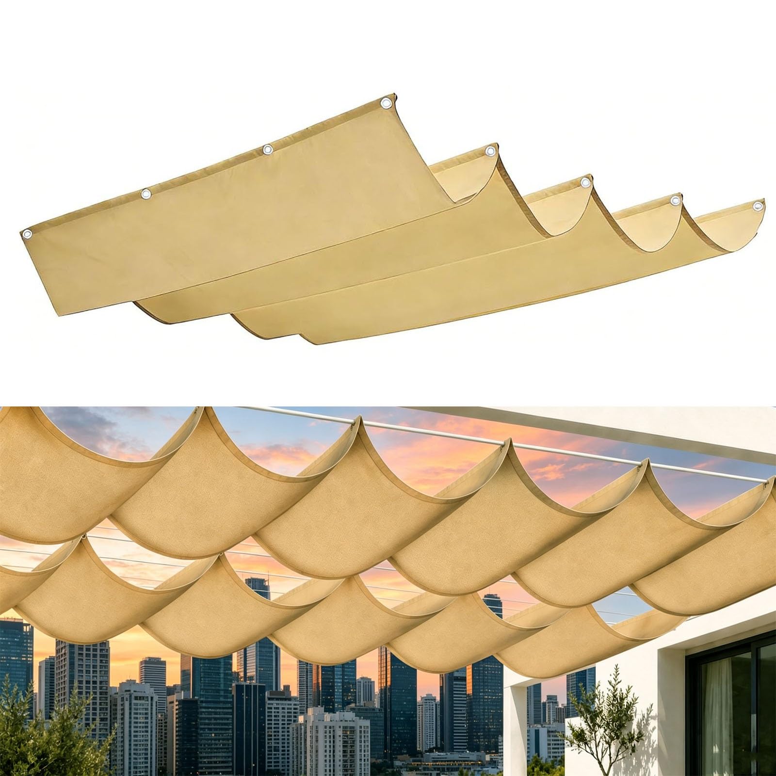 Voile ombrage rétractable vague en PES résistant à l'eau et respirant jaune sable