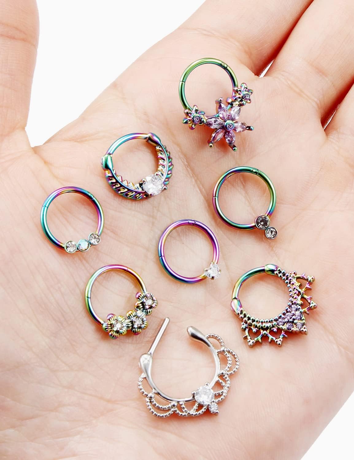 Septum Nose Rings Daith Earrings 16g Clicker Piercing Jewelry Hypoallergenic Rainbow Rose Gold Surgical Steel for Women Men - Image 6