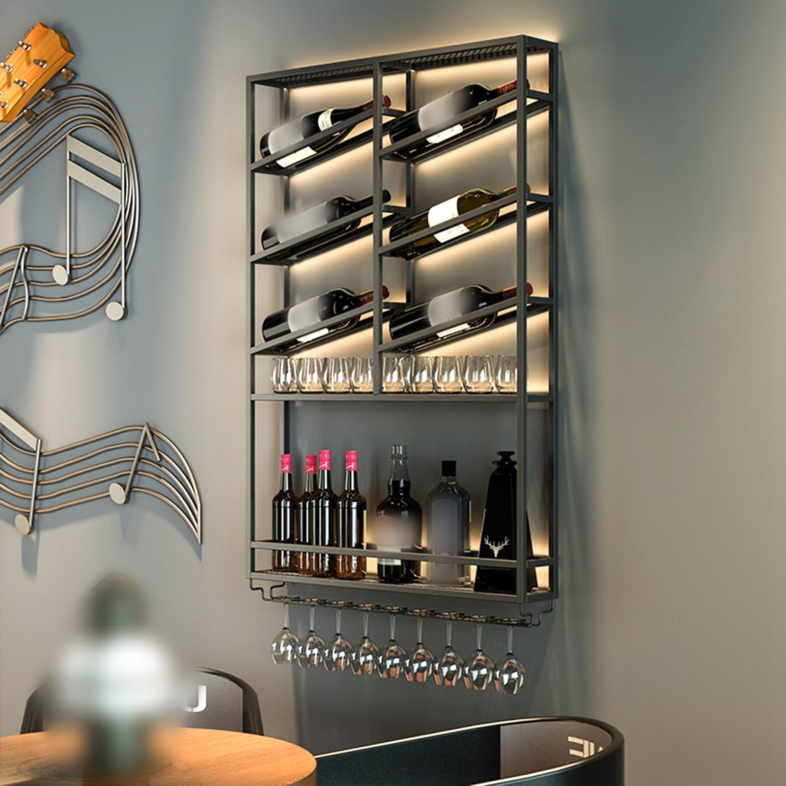 Casier à vin mural à 3 niveaux en métal noir 100x68cm pour bouteilles