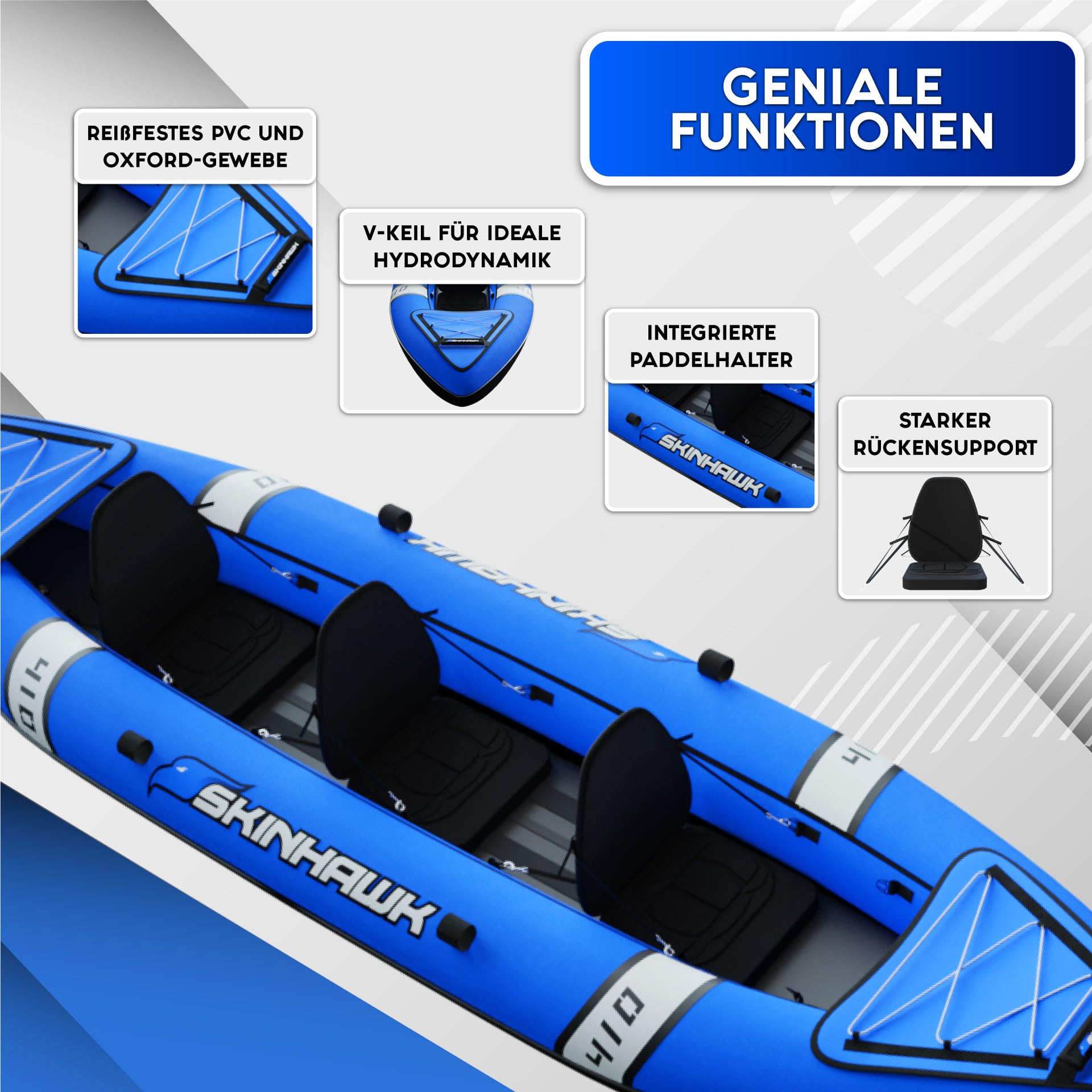 SKINHAWK Kayak Classic 410 Bleu Canoë Bateau gonflable 3 places Pompe Sac 410 x 95 cm