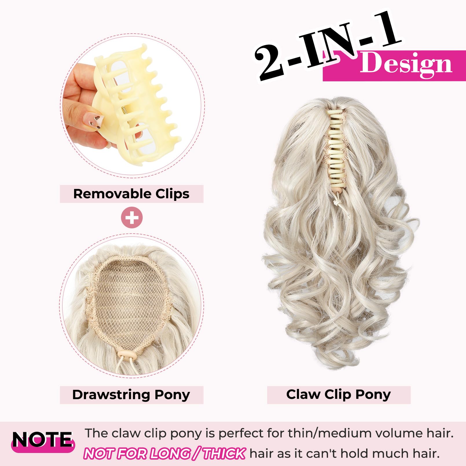 REECHO 12" Ponytail Extension, Classic Loose Curly Wavy Claw Clip Pony tails Hair Extensions Hairpieces for Women - Silver Grey - Image 3