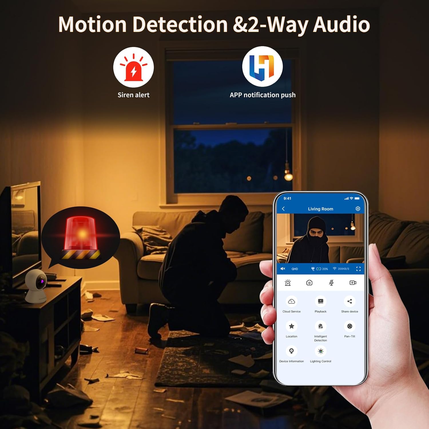 HuntVision E3-W camera detecting motion with a siren alert, and a smartphone displaying the live feed with a person in a room.