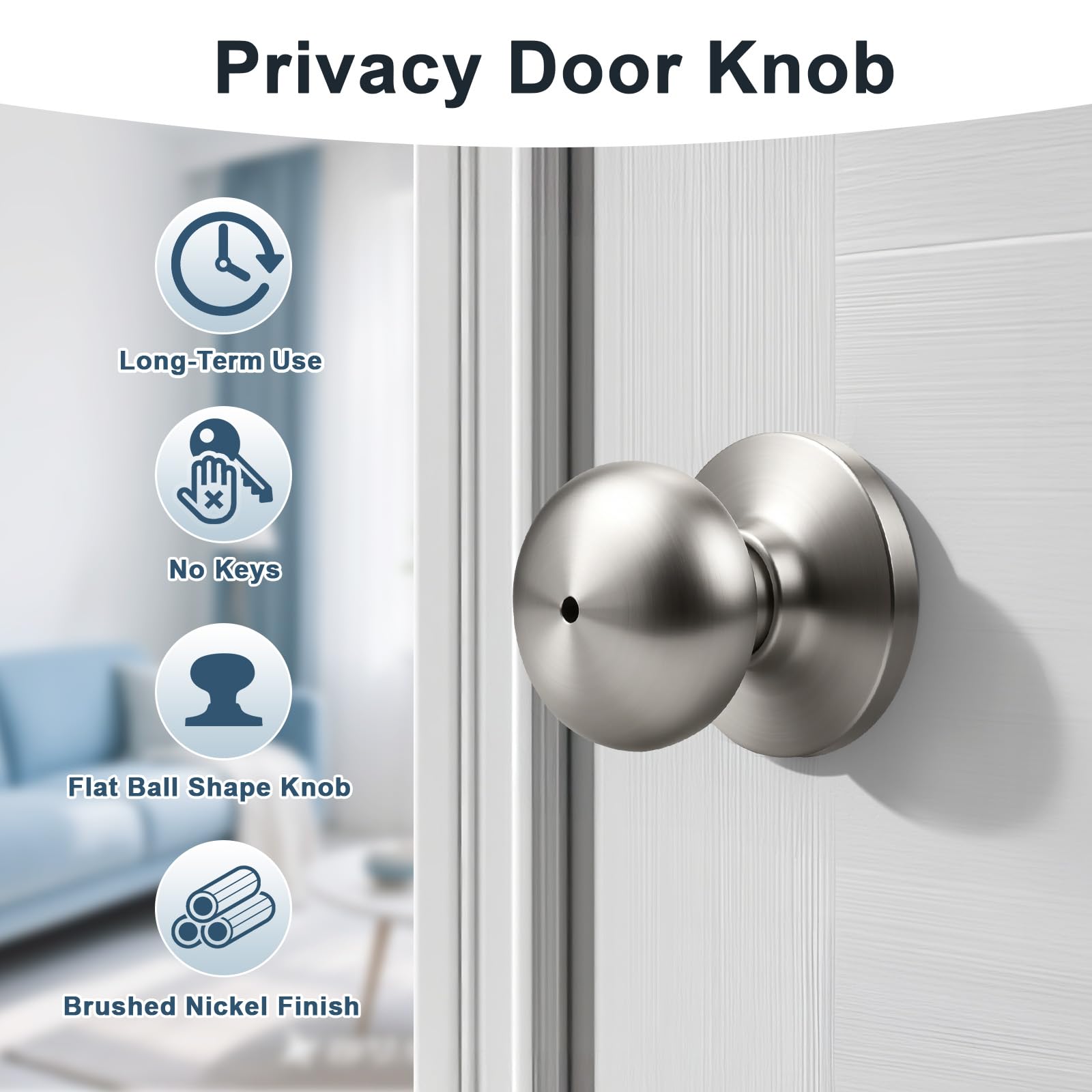 Brushed Nickel Door Knobs - Keyless Privacy -2