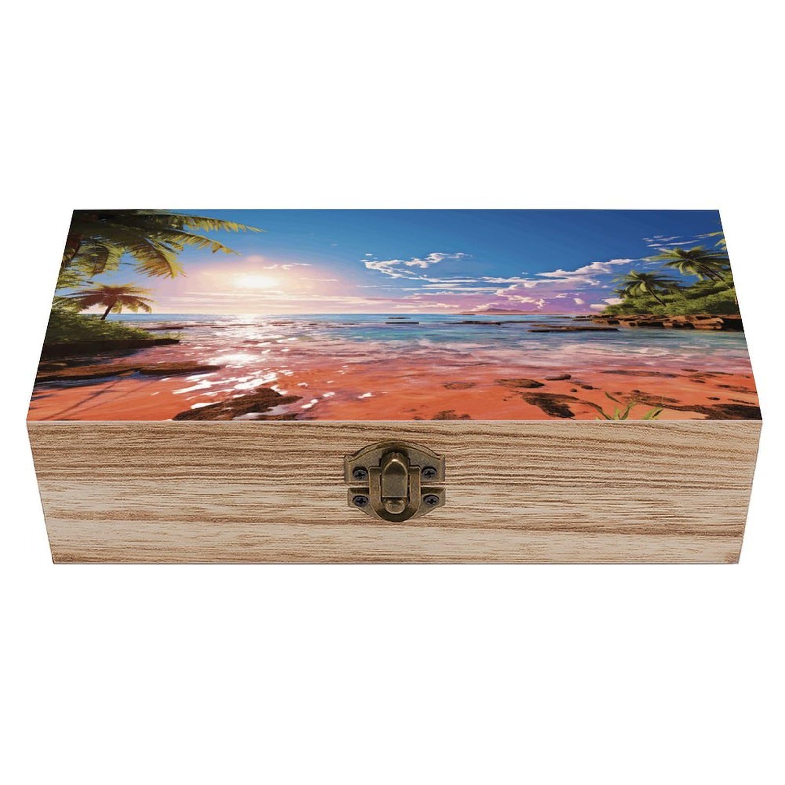 VstaDank Summer Beach with Palm Trees Wooden Storage Box Wooden Keepsake Box with Hinged Lid Exquisite Solid Wood Decorative Jewelry Case Memory Box for Jewelry Photos Letters Crafts Trinkets