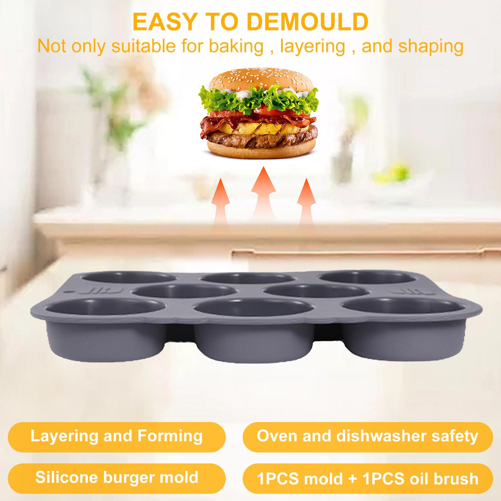 Lot de 8 moules à chignon en silicone pour hamburger - Pliable - Antiadhésif - Avec brosse à huile - Réutilisable