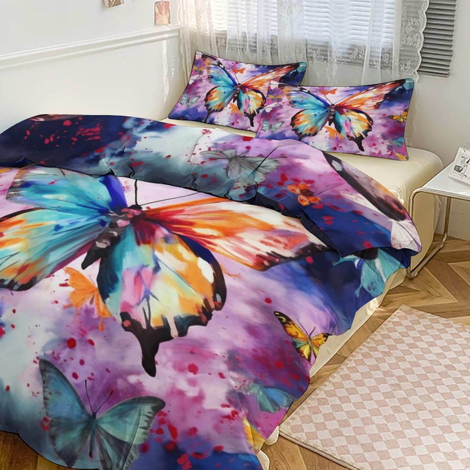 Housse de couette grand lit motif papillon coloré avec 2 taies d'oreiller