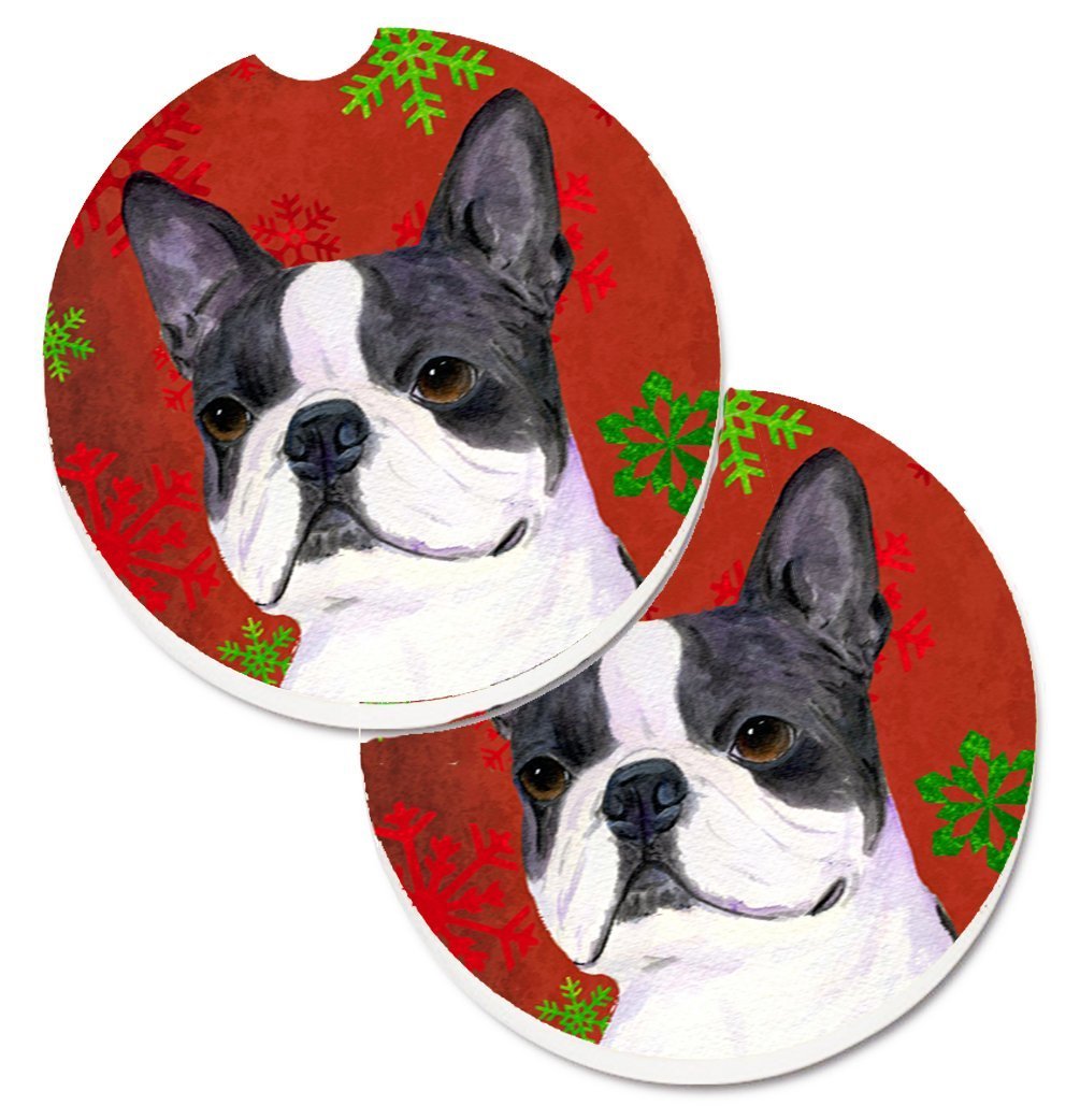 Boston Terrier Red & Green Snowflakes Christmas Set of 2 Cup Holder Car Coaster