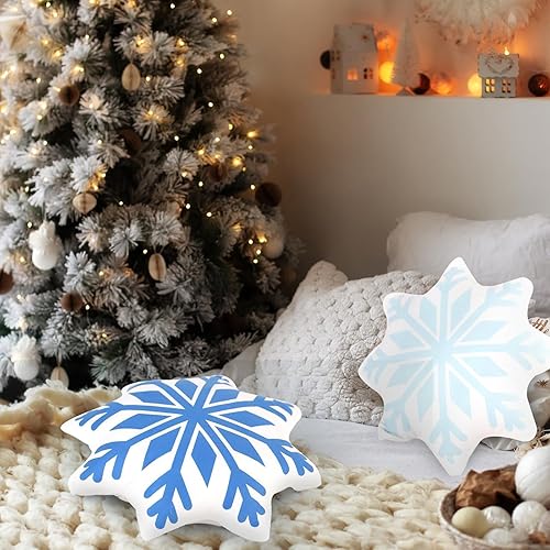 Miniatura 3 de 3 almohadas navideñas de copo de nieve de invierno, almohada decorativa blanca y azul, almohada decorativa de felpa bonita para decoración de sofá