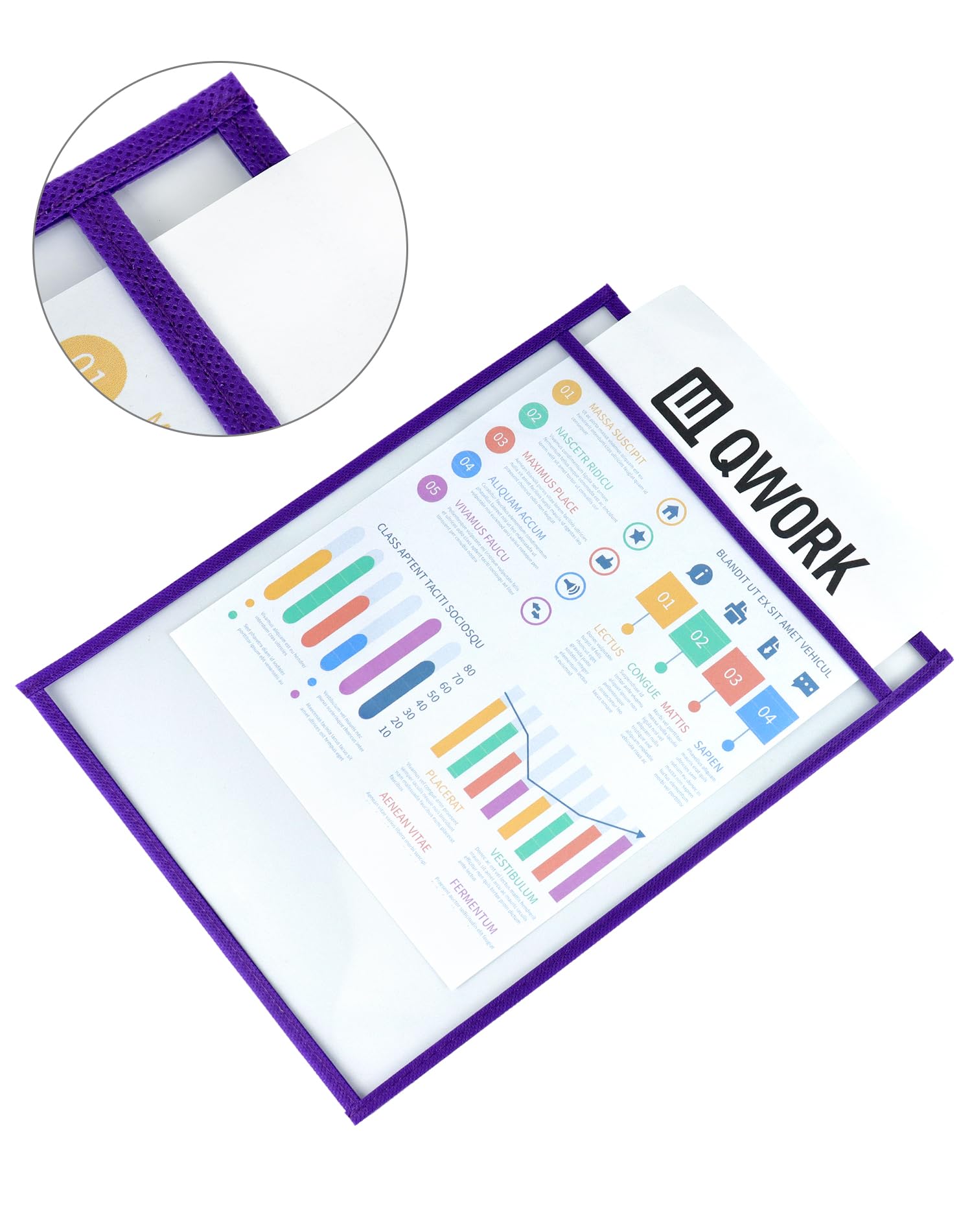 QWORK® 25X Pochettes Effaçables à Sec A4, Pochette Transparente Réutilisables en 5 Couleurs, Fournitures de Bureau et d'Enseignement