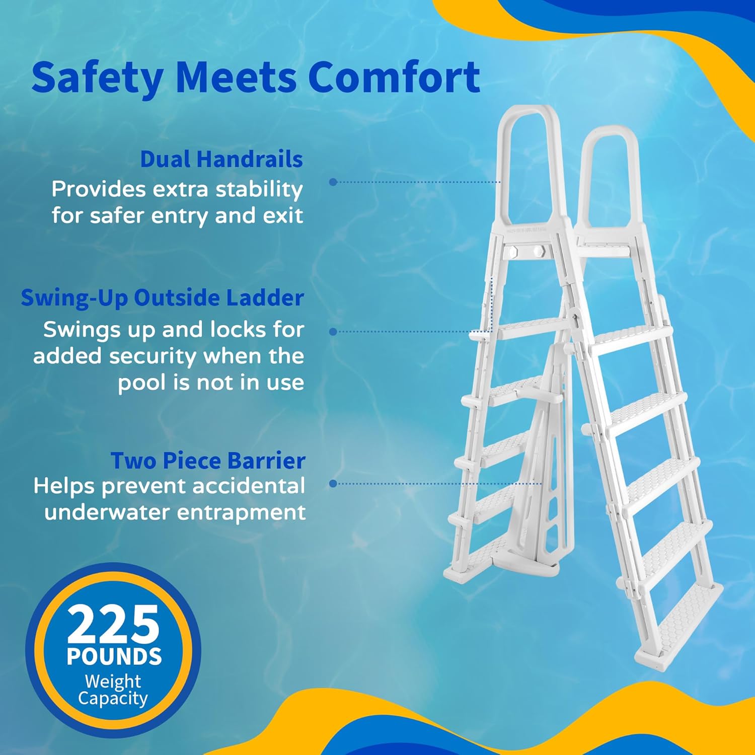 Blue Wave A Frame Flip Up Ladder for 48 to 54-in Deep Above Ground Pools – No Deck Required - Weather-Resistant Resin with Non-Skid Treads & Anti-Entrapment Design - Easy Setup, 225-lb Capacity