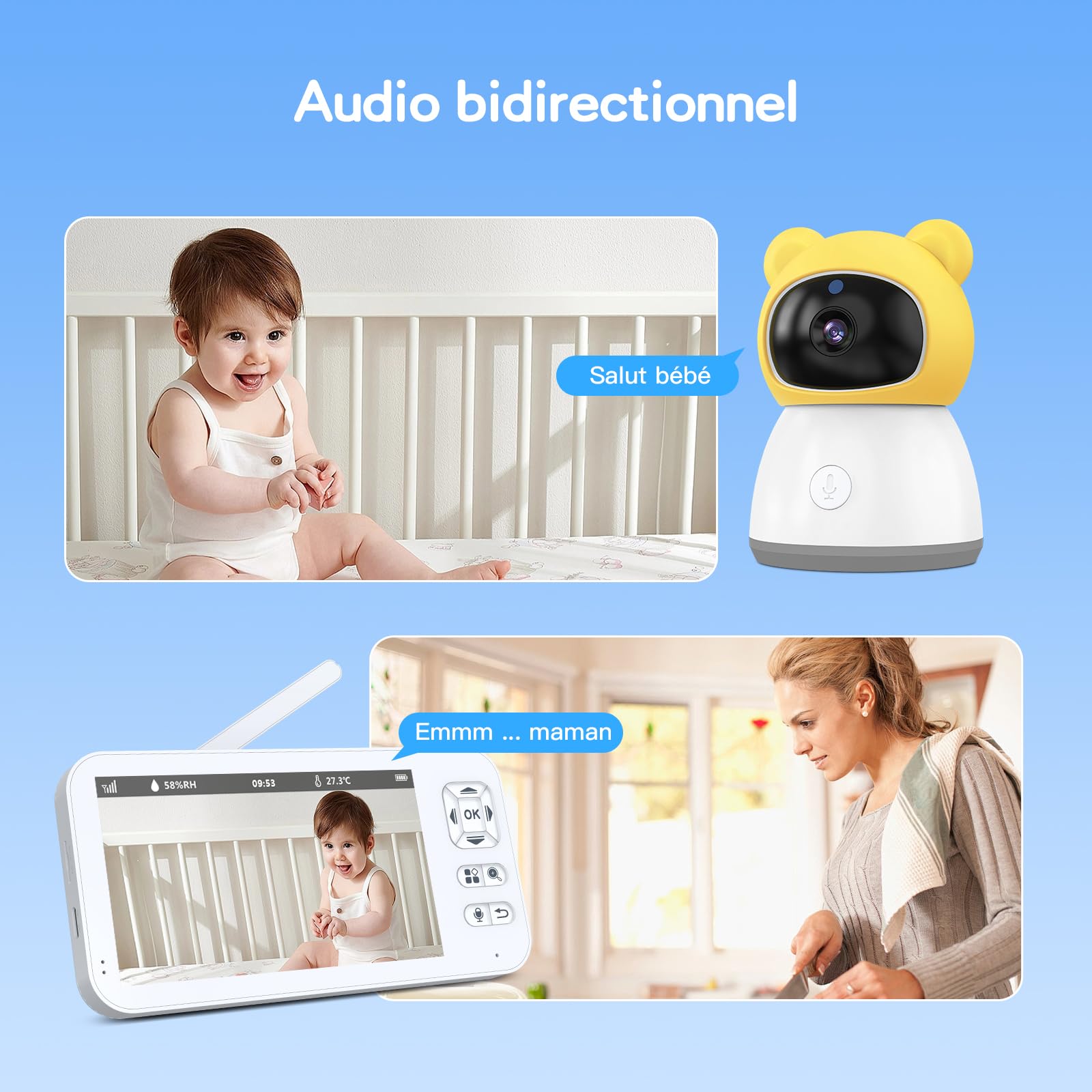 XPJ 2K 5" - Cámara de bebé con aplicación de teléfono, rotación de 360° luces de noche coloridas, zoom 4X, monitoreo de movimiento, seguimiento automático, zona de alarma personalizada
