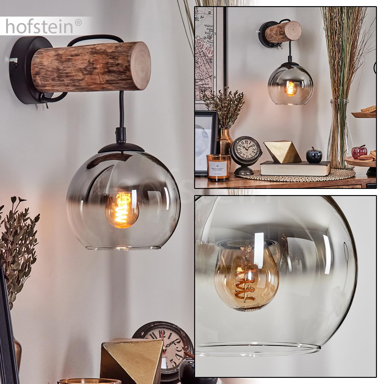 Wandleuchte Koyoto, Wandlampe aus Metall/Holz/Glas in Schwarz/Natur/Chrom/Klar, Leuchte im Retro/Vintage-Design mit Schirm aus Glas (Ø 15 cm) u. An/-Auschalter am Gehäuse, 1 x E27, ohne Leuchtmittel