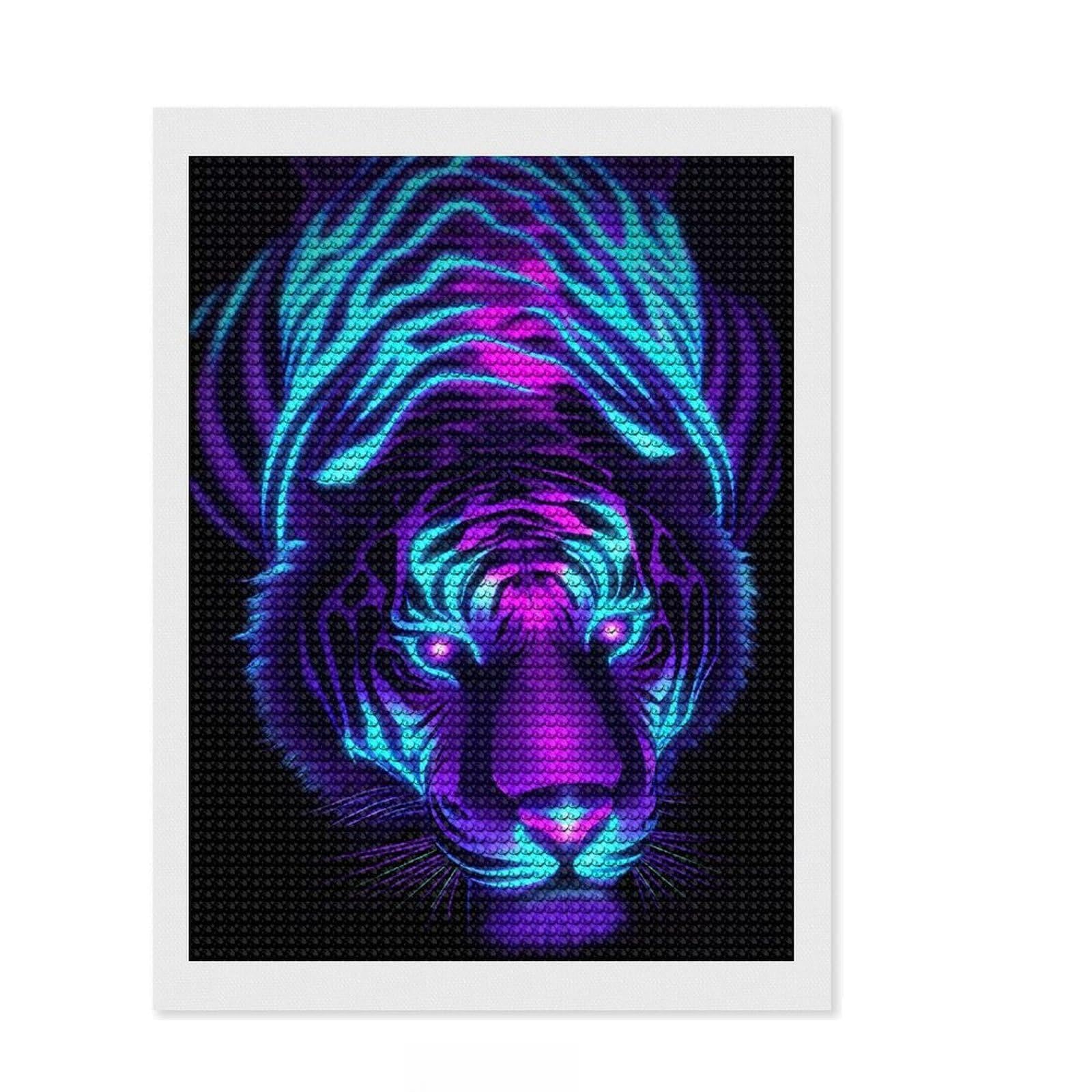 Junmoney NEON Tiger Diamond Painting Kit 12"x16", Bedroom Decor, Round Gems, Full Kit Included, Relaxing Handmade Project