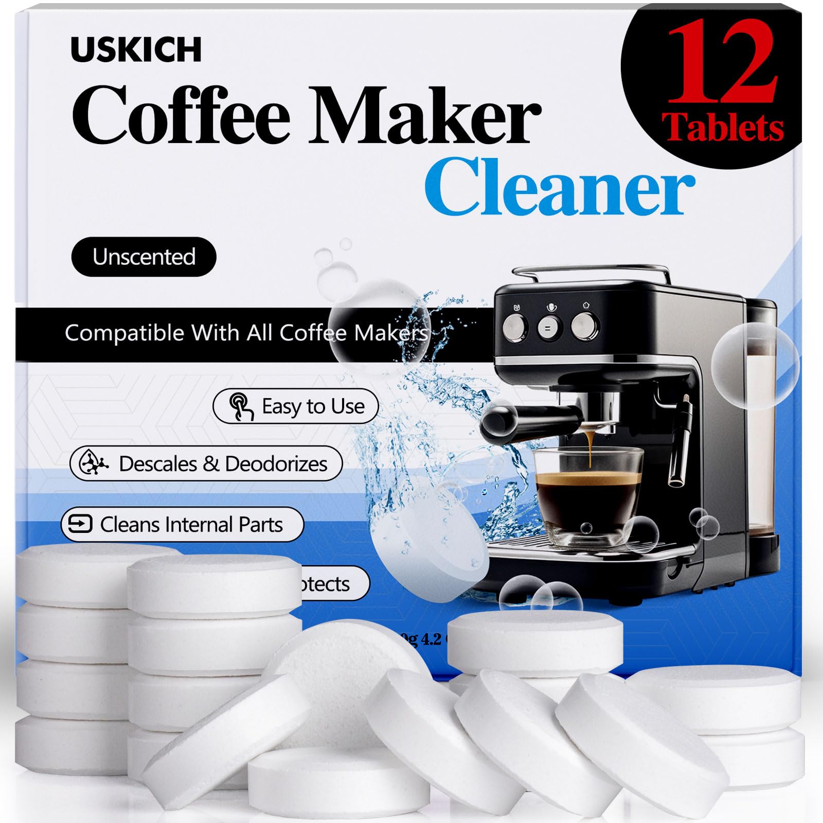 Coffee Machine Cleaner Descaler Tablets 12 Pack, Coffee Maker Cleaner for Keurig, Ninja, Breville, Delonghi, Nespresso, Miele,Espresso Machine Cleaning Tabs,Descaling Solution for Coffee Pot Maker